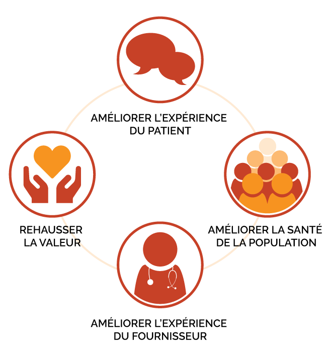 un cercle divisé en quatre quadrants : Améliorer l’expérience du patient, Améliorer la santé de la population, Améliorer l’expérience du fournisseur; Rehausser la valeur