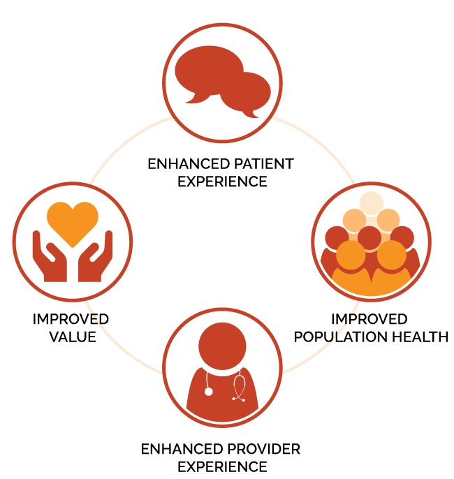 A circle divided into 4 quadrants: enhanced patient experience; improved population health; enhanced provider experience; improved value